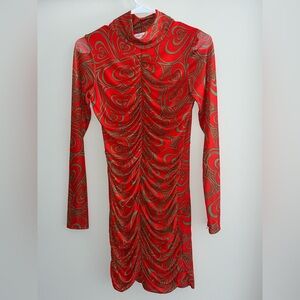 Lisa Says Gah Red And Green Heart Print Swirl Mesh Ruched Mini Dress